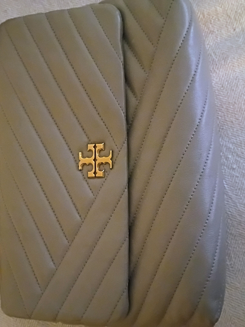 Tory Burch Kira Quilted Shoulder Bag in Gray with Gold Logo